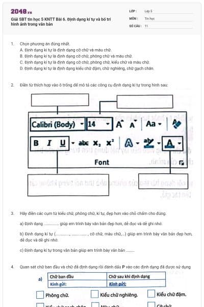 Giải SBT tin học 5 KNTT Bài 6. Định dạng kí tự và bố trí hình ảnh trong văn bản