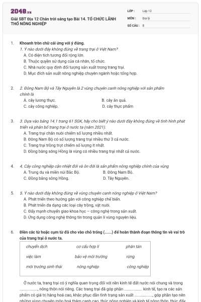 Giải SBT Địa 12 Chân trời sáng tạo Bài 14. TỔ CHỨC LÃNH THỔ NÔNG NGHIỆP