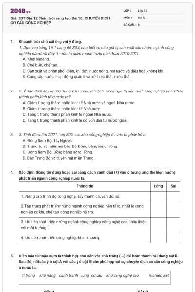 Giải SBT Địa 12 Chân trời sáng tạo Bài 16. CHUYỂN DỊCH CƠ CẤU CÔNG NGHIỆP