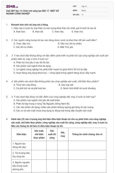 Giải SBT Địa 12 Chân trời sáng tạo BÀI 17. MỘT SỐ NGÀNH CÔNG NGHIỆP