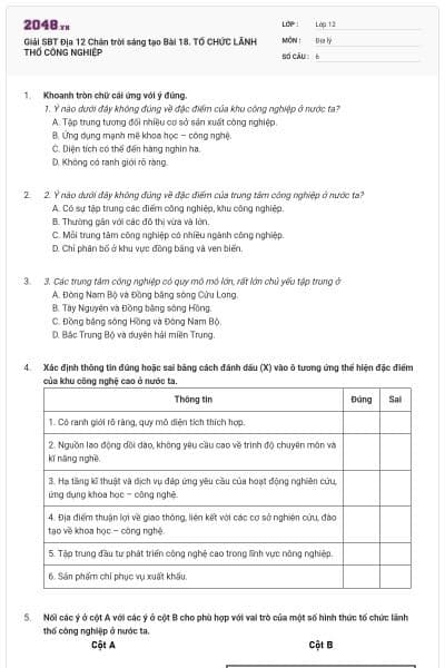 Giải SBT Địa 12 Chân trời sáng tạo Bài 18. TỔ CHỨC LÃNH THỔ CÔNG NGHIỆP