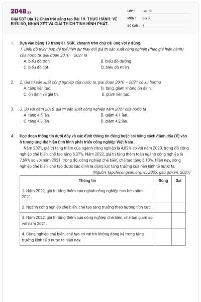 Giải SBT Địa 12 Chân trời sáng tạo Bài 19. THỰC HÀNH: VẼ BIỂU ĐỒ, NHẬN XÉT VÀ GIẢI THÍCH TÌNH HÌNH PHÁT TRIỂN NGÀNH CÔNG NGHIỆP