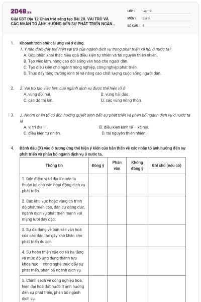 Giải SBT Địa 12 Chân trời sáng tạo Bài 20. VAI TRÒ VÀ CÁC NHÂN TỐ ẢNH HƯỞNG ĐẾN SỰ PHÁT TRIỂN NGÀNH DỊCH VỤ