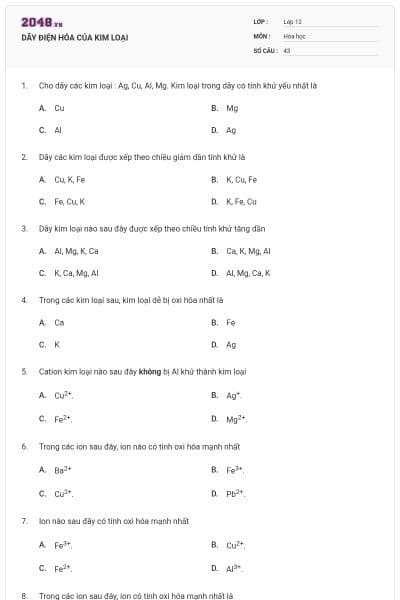 DÃY ĐIỆN HÓA CỦA KIM LOẠI