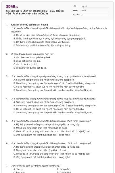 Giải SBT Địa 12 Chân trời sáng tạo Bài 21. GIAO THÔNG VẬN TẢI VÀ BƯU CHÍNH VIỄN THÔNG M