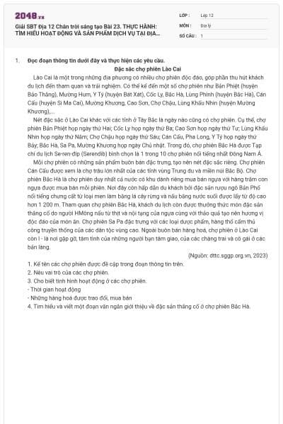 Giải SBT Địa 12 Chân trời sáng tạo Bài 23. THỰC HÀNH: TÌM HIỂU HOẠT ĐỘNG VÀ SẢN PHẨM DỊCH VỤ TẠI ĐỊA PHƯƠNG