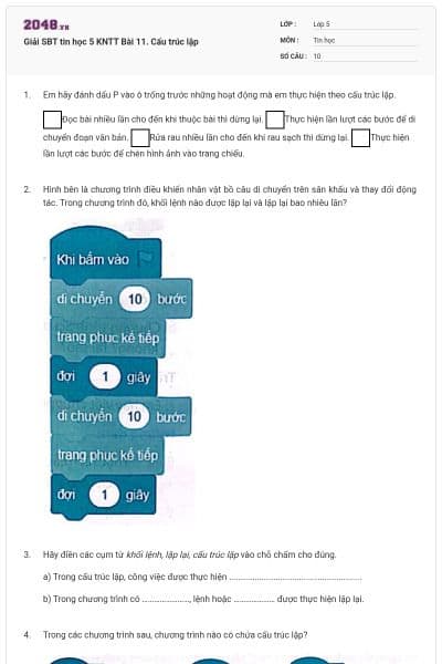 Giải SBT tin học 5 KNTT Bài 11. Cấu trúc lặp