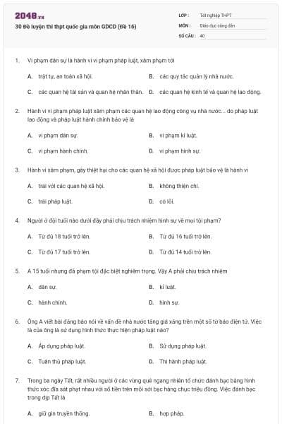30 Đề luyện thi thpt quốc gia môn GDCD (Đề 16)