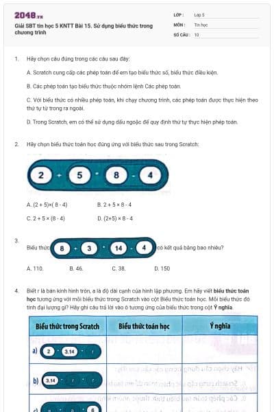 Giải SBT tin học 5 KNTT Bài 15. Sử dụng biểu thức trong chương trình