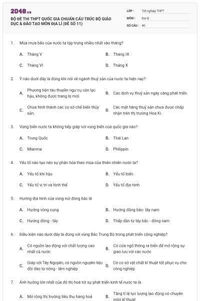 BỘ ĐỀ THI THPT QUỐC GIA CHUẨN CẤU TRÚC BỘ GIÁO DỤC & ĐÀO TẠO MÔN ĐỊA LÍ (ĐỀ SỐ 11)