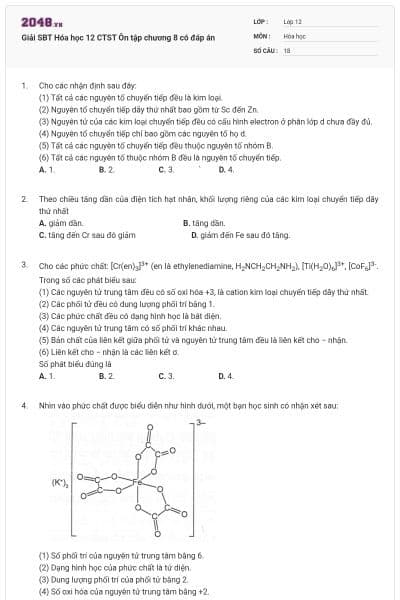 Giải SBT Hóa học 12 CTST Ôn tập chương 8 có đáp án