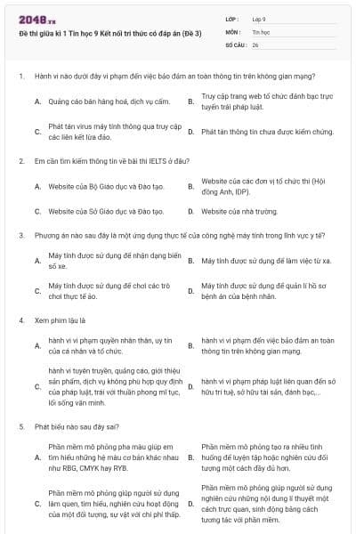 Đề thi giữa kì 1 Tin học 9 Kết nối tri thức có đáp án (Đề 3)