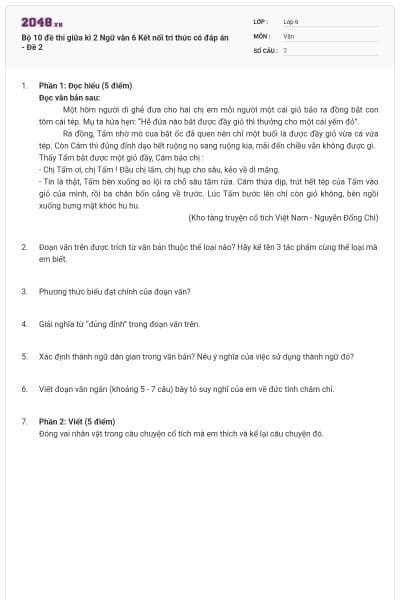 Bộ 10 đề thi giữa kì 2 Ngữ văn 6 Kết nối tri thức có đáp án - Đề 2