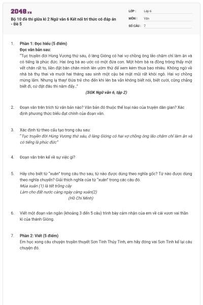 Bộ 10 đề thi giữa kì 2 Ngữ văn 6 Kết nối tri thức có đáp án - Đề 5