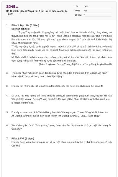 Bộ 10 đề thi giữa kì 2 Ngữ văn 6 Kết nối tri thức có đáp án - Đề 9