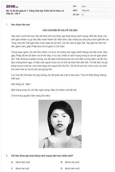 Bộ 10 đề thi giữa kì 1 Tiếng Việt lớp 4 Kết nối tri thức có đáp án - Đề 4