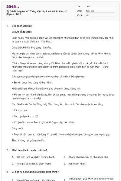 Bộ 10 đề thi giữa kì 1 Tiếng Việt lớp 4 Kết nối tri thức có đáp án - Đề 6