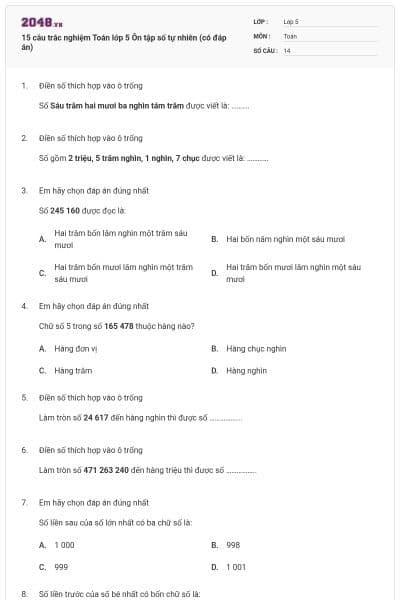 15 câu trắc nghiệm Toán lớp 5 Ôn tập số tự nhiên (có đáp án)