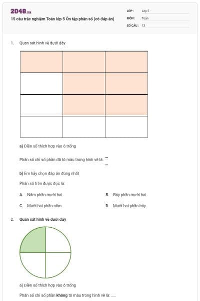 15 câu trắc nghiệm Toán lớp 5 Ôn tập phân số (có đáp án)
