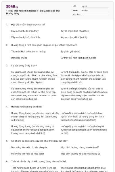 11 câu  Trắc nghiệm Sinh Học 11 Bài 23 (có đáp án): Hướng động