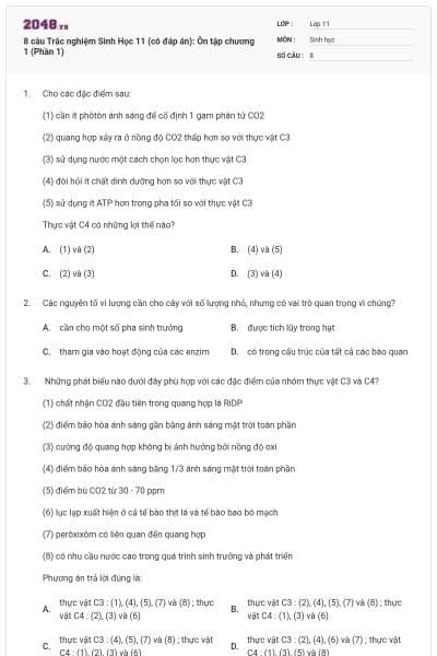 8 câu  Trắc nghiệm Sinh Học 11 (có đáp án): Ôn tập chương 1 (Phần 1)