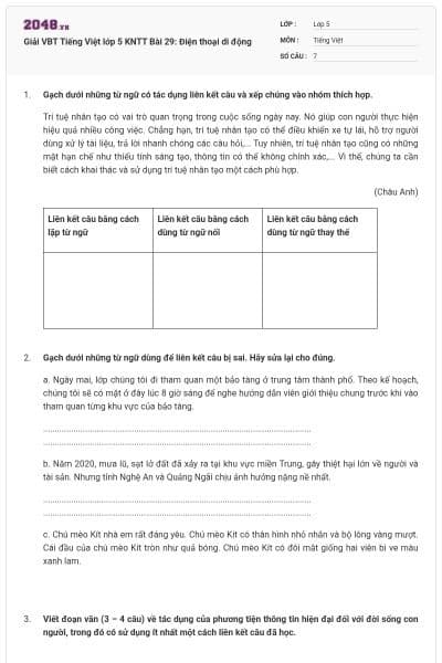 Giải VBT Tiếng Việt lớp 5 KNTT Bài 29: Điện thoại di động