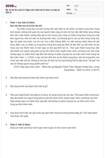 Bộ 10 đề thi cuối kì 2 Ngữ văn 6 Kết nối tri thức có đáp án (Đề 2)