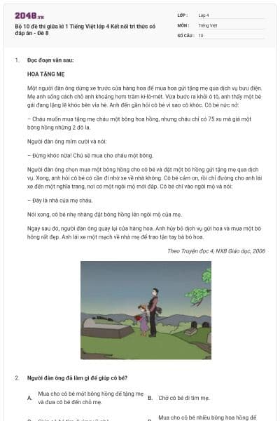 Bộ 10 đề thi giữa kì 1 Tiếng Việt lớp 4 Kết nối tri thức có đáp án - Đề 8