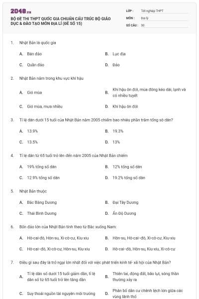 BỘ ĐỀ THI THPT QUỐC GIA CHUẨN CẤU TRÚC BỘ GIÁO DỤC & ĐÀO TẠO MÔN ĐỊA LÍ (ĐỀ SỐ 15)