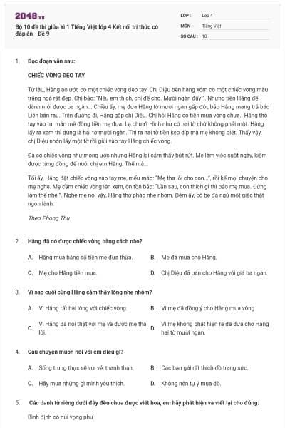 Bộ 10 đề thi giữa kì 1 Tiếng Việt lớp 4 Kết nối tri thức có đáp án - Đề 9