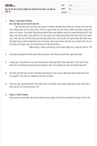 Bộ 10 đề thi cuối kì 2 Ngữ văn 6 Kết nối tri thức có đáp án (Đề 3)