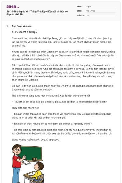 Bộ 10 đề thi giữa kì 1 Tiếng Việt lớp 4 Kết nối tri thức có đáp án - Đề 10