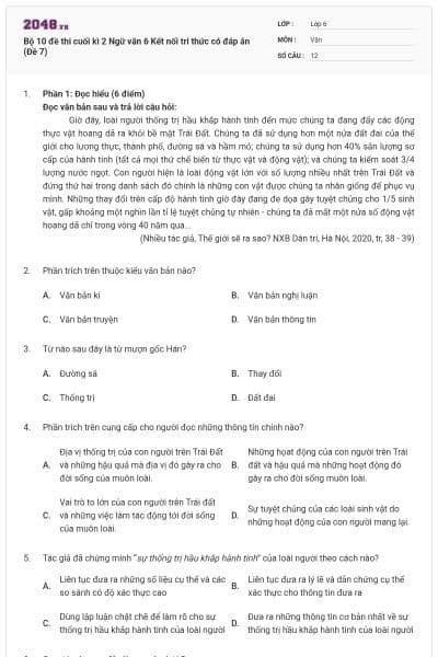 Bộ 10 đề thi cuối kì 2 Ngữ văn 6 Kết nối tri thức có đáp án (Đề 7)