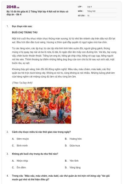 Bộ 10 đề thi giữa kì 2 Tiếng Việt lớp 4 Kết nối tri thức có đáp án - Đề 4