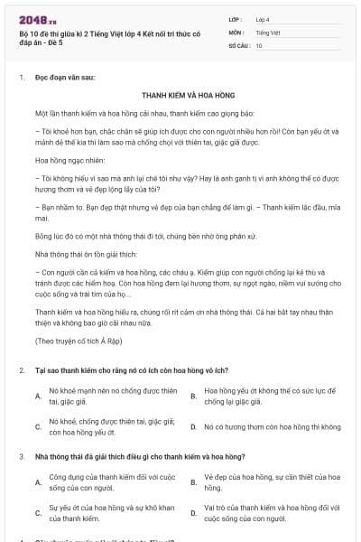 Bộ 10 đề thi giữa kì 2 Tiếng Việt lớp 4 Kết nối tri thức có đáp án - Đề 5