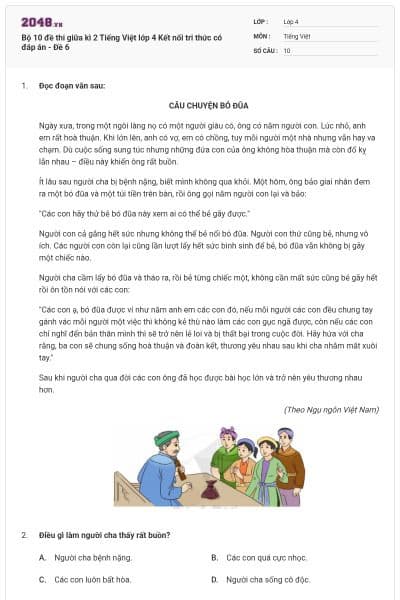 Bộ 10 đề thi giữa kì 2 Tiếng Việt lớp 4 Kết nối tri thức có đáp án - Đề 6