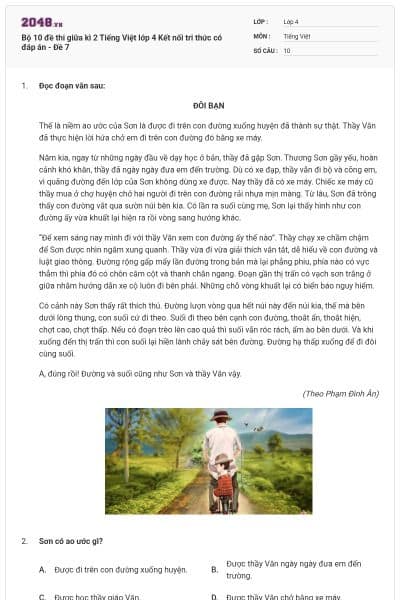 Bộ 10 đề thi giữa kì 2 Tiếng Việt lớp 4 Kết nối tri thức có đáp án - Đề 7