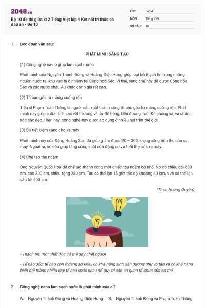 Bộ 10 đề thi giữa kì 2 Tiếng Việt lớp 4 Kết nối tri thức có đáp án - Đề 10