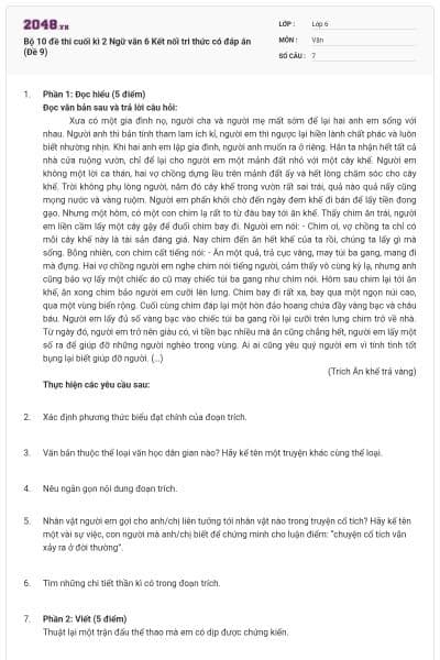 Bộ 10 đề thi cuối kì 2 Ngữ văn 6 Kết nối tri thức có đáp án (Đề 9)