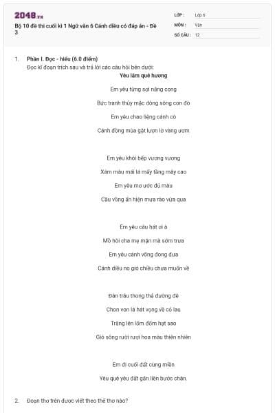 Bộ 10 đề thi cuối kì 1 Ngữ văn 6 Cánh diều có đáp án - Đề 3