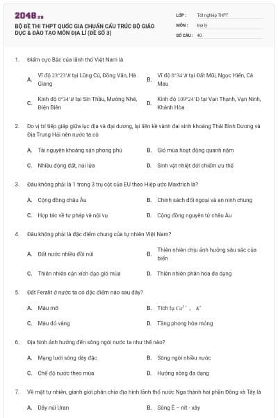 BỘ ĐỀ THI THPT QUỐC GIA CHUẨN CẤU TRÚC BỘ GIÁO DỤC & ĐÀO TẠO MÔN ĐỊA LÍ (ĐỀ SỐ 3)