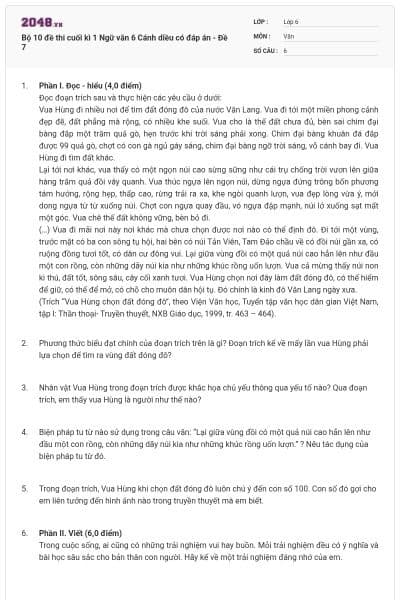 Bộ 10 đề thi cuối kì 1 Ngữ văn 6 Cánh diều có đáp án - Đề 7