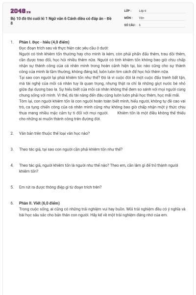 Bộ 10 đề thi cuối kì 1 Ngữ văn 6 Cánh diều có đáp án - Đề 8