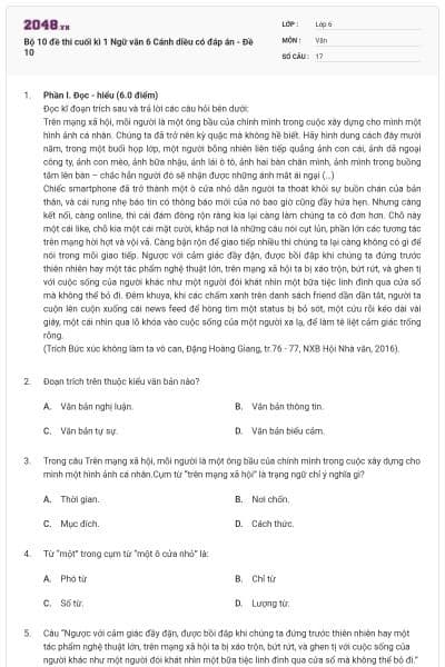 Bộ 10 đề thi cuối kì 1 Ngữ văn 6 Cánh diều có đáp án - Đề 10
