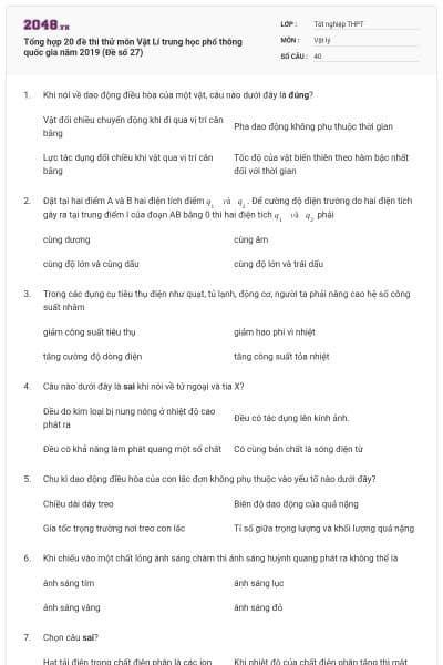 Tổng hợp 20 đề thi thử môn Vật Lí trung học phổ thông quốc gia năm 2019 (Đề số 27)