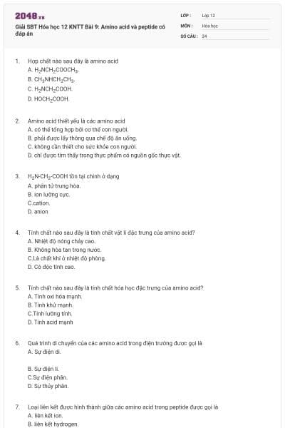 Giải SBT Hóa học 12 KNTT Bài 9: Amino acid và peptide có đáp án