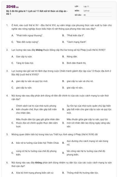 Bộ 3 đề thi giữa kì 1 Lịch sử 11 Kết nối tri thức có đáp án - Đề 1