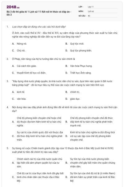 Bộ 3 đề thi giữa kì 1 Lịch sử 11 Kết nối tri thức có đáp án - Đề 3
