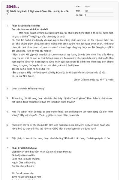 Bộ 10 đề thi giữa kì 2 Ngữ văn 6 Cánh diều có đáp án - Đề 1