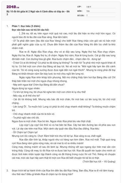 Bộ 10 đề thi giữa kì 2 Ngữ văn 6 Cánh diều có đáp án - Đề 3